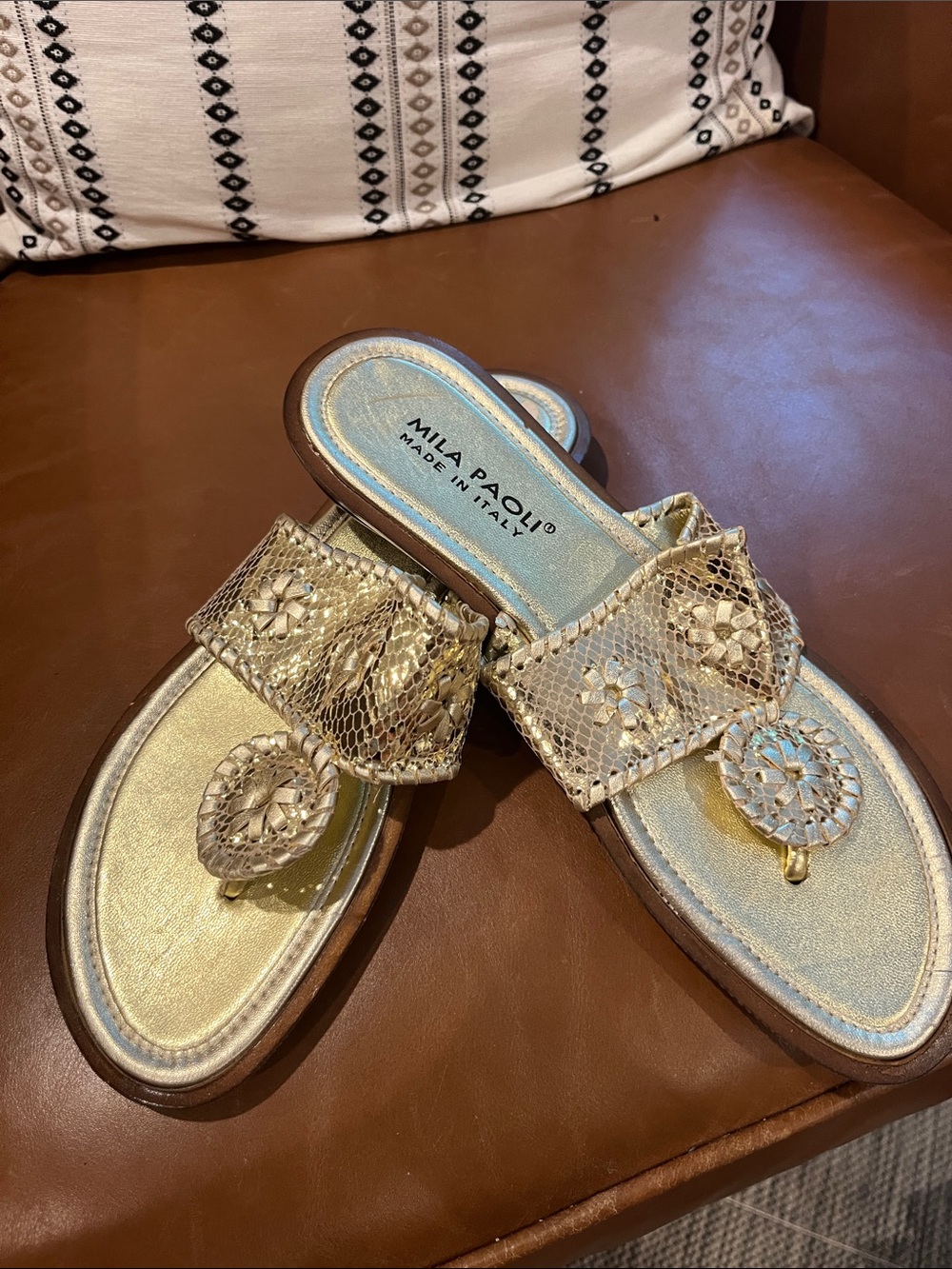 Mila Paoli Metallic Gold Braided Toe-Loop Sandals